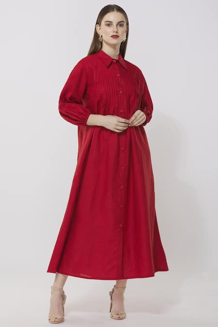 Neha Gursahani Red Linen Stand Collar Midi Dress 