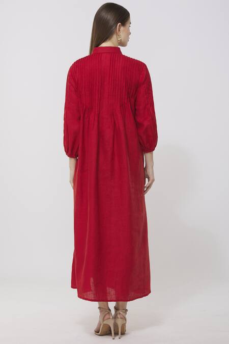 Shop_Neha Gursahani_Red Linen Stand Collar Midi Dress _at_Aza_Fashions