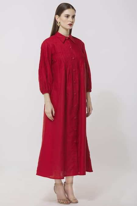 Neha Gursahani_Red Linen Stand Collar Midi Dress _Online_at_Aza_Fashions
