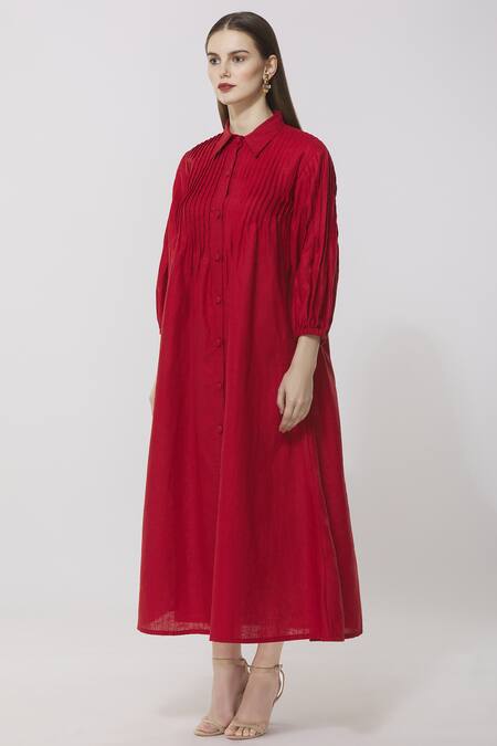 Buy_Neha Gursahani_Red Linen Stand Collar Midi Dress _Online_at_Aza_Fashions