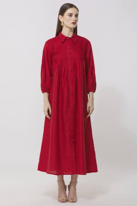 Shop_Neha Gursahani_Red Linen Stand Collar Midi Dress _Online_at_Aza_Fashions