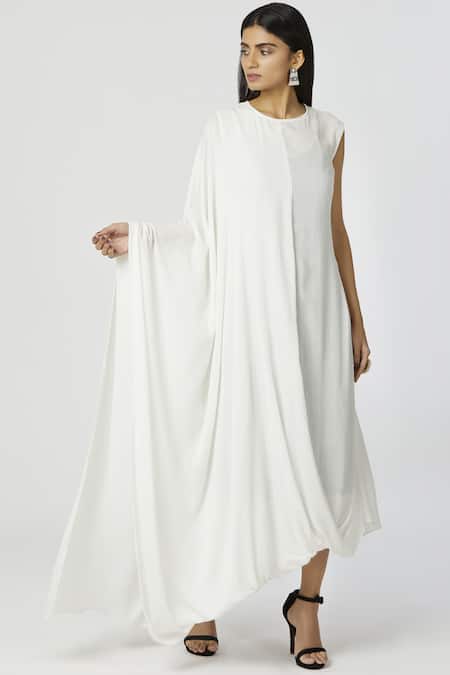 Neha Gursahani White Cotton Round Draped Midi Dress 