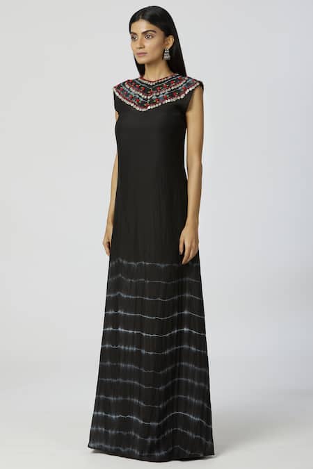 Neha Gursahani_Black Rayon, Voil Silk Round Tie Dye Maxi Dress _Online_at_Aza_Fashions