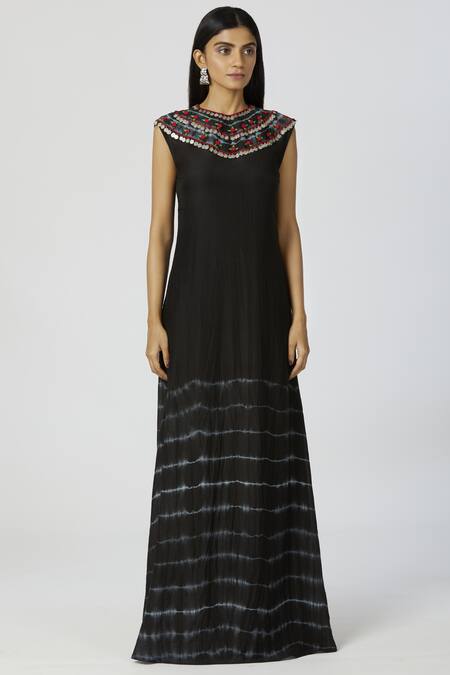 Buy_Neha Gursahani_Black Rayon, Voil Silk Round Tie Dye Maxi Dress _Online_at_Aza_Fashions