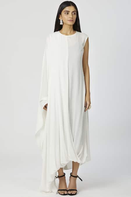 Shop Neha Gursahani White Cotton Round Draped Midi Dress Online at Aza Fashions Shop_Neha Gursahani_White Cotton Round Draped Midi Dress _Online_at_Aza_Fashions