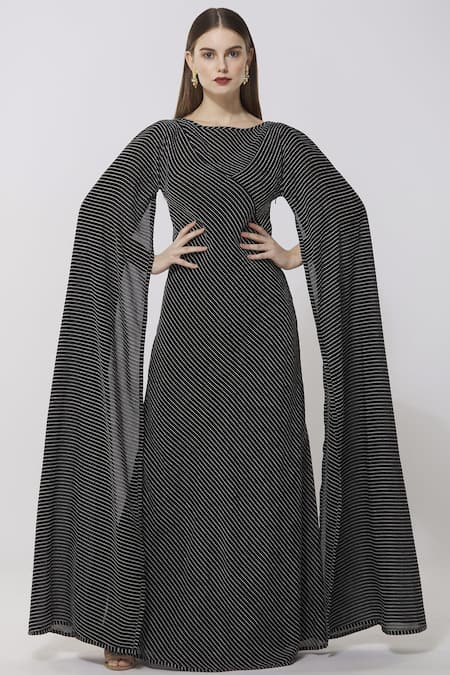 Buy_Neha Gursahani_Black Cotton Linen Boat Striped Maxi Dress _Online_at_Aza_Fashions