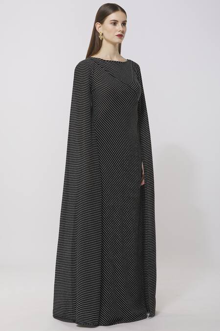 Neha Gursahani_Black Cotton Linen Boat Striped Maxi Dress _Online_at_Aza_Fashions