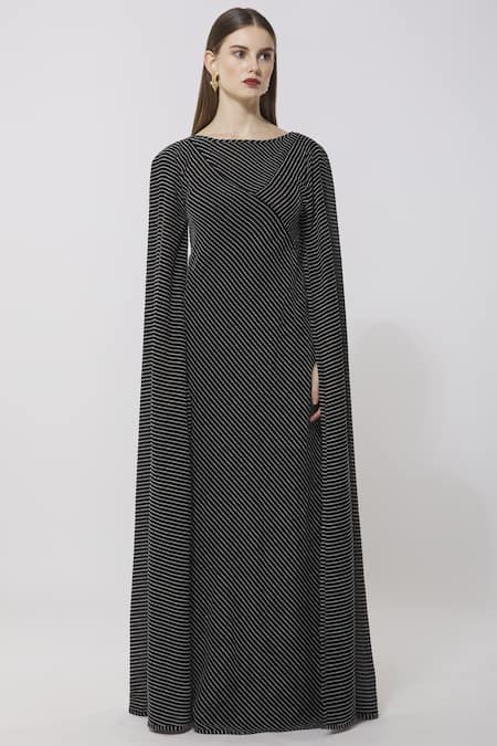Shop_Neha Gursahani_Black Cotton Linen Boat Striped Maxi Dress _Online_at_Aza_Fashions