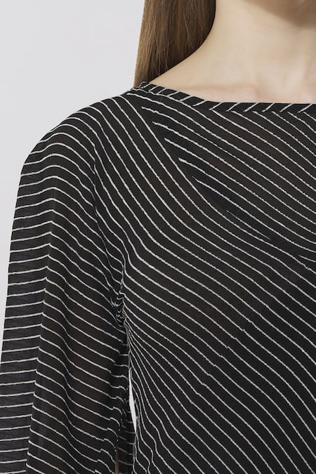 Neha Gursahani_Black Cotton Linen Boat Striped Maxi Dress _at_Aza_Fashions