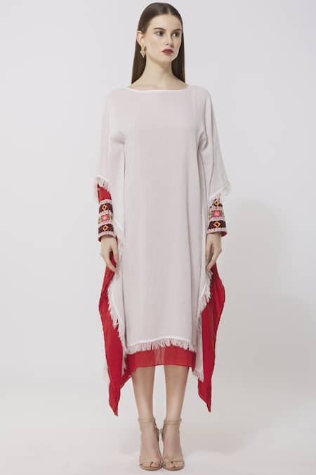 Shop Neha Gursahani White Crinkle, Mulmul Boat Double Layered Kaftan Dress Online at Aza Fashions Shop_Neha Gursahani_White Crinkle, Mulmul Boat Double Layered Kaftan Dress _Online_at_Aza_Fashions