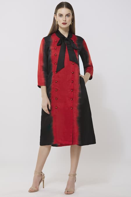 Neha Gursahani Red Satin Linen Round Midi Dress 