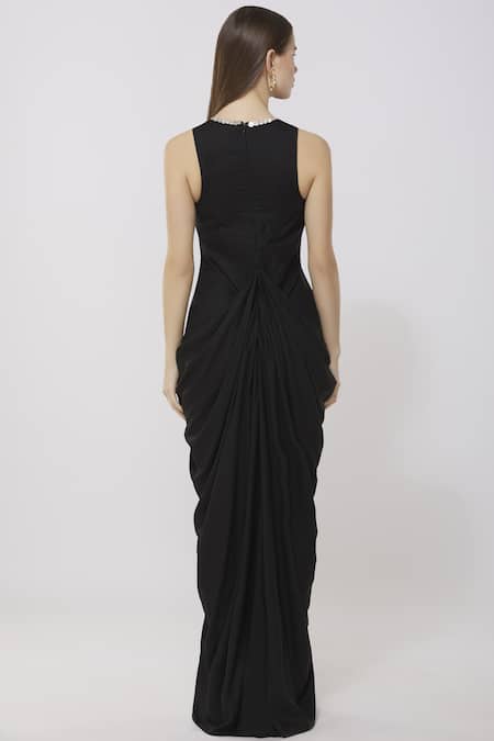 Shop Neha Gursahani Black Rayon V Neck Draped Maxi Dress at Aza Fashions Shop_Neha Gursahani_Black Rayon V Neck Draped Maxi Dress _at_Aza_Fashions