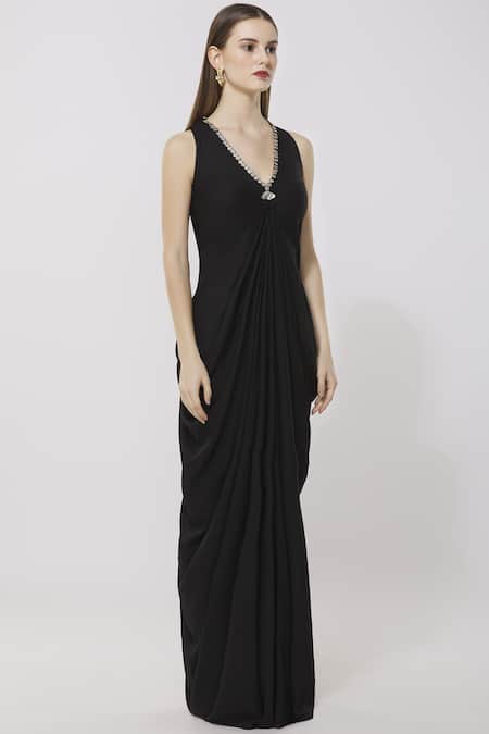 Neha Gursahani Black Rayon V Neck Draped Maxi Dress Online at Aza Fashions Neha Gursahani_Black Rayon V Neck Draped Maxi Dress _Online_at_Aza_Fashions