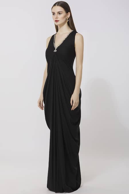 Buy Neha Gursahani Black Rayon V Neck Draped Maxi Dress Online at Aza Fashions Buy_Neha Gursahani_Black Rayon V Neck Draped Maxi Dress _Online_at_Aza_Fashions