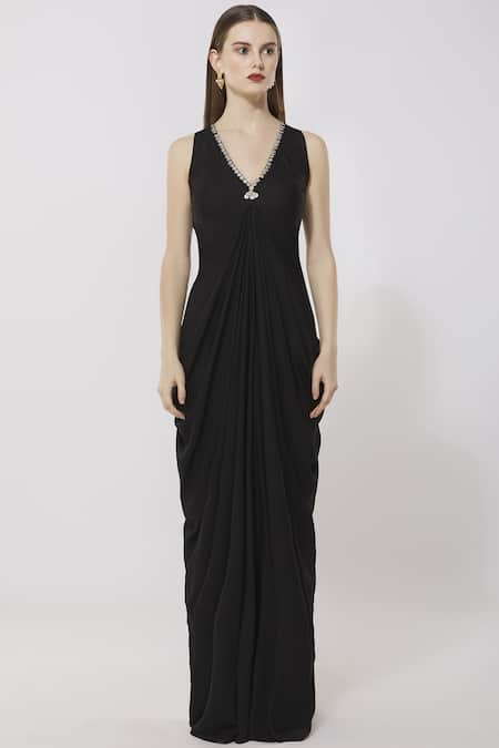 Shop Neha Gursahani Black Rayon V Neck Draped Maxi Dress Online at Aza Fashions Shop_Neha Gursahani_Black Rayon V Neck Draped Maxi Dress _Online_at_Aza_Fashions