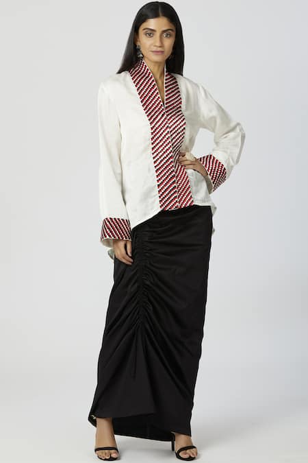 Neha Gursahani White Cotton, Satin Linen V Neck Draped Skirt Set 