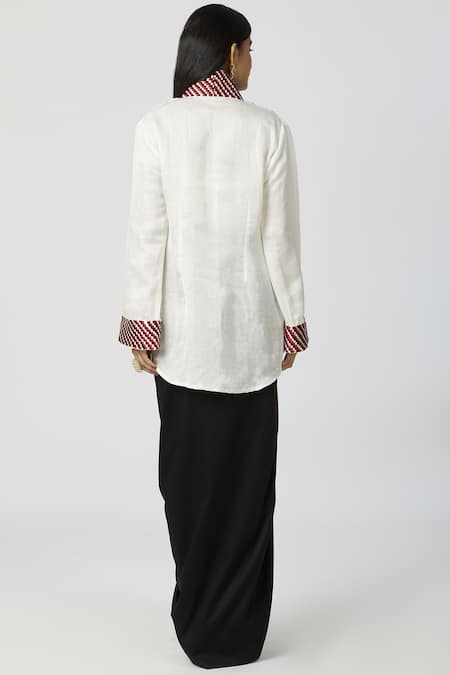 Shop_Neha Gursahani_White Cotton, Satin Linen V Neck Draped Skirt Set _at_Aza_Fashions