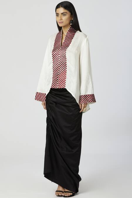 Neha Gursahani_White Cotton, Satin Linen V Neck Draped Skirt Set _Online_at_Aza_Fashions