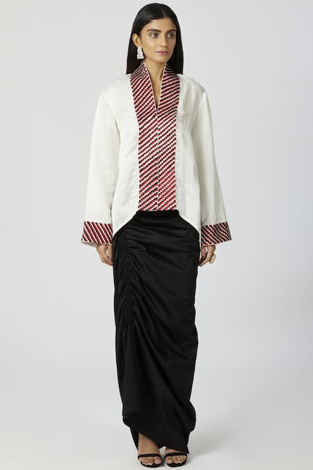 Buy_Neha Gursahani_White Cotton, Satin Linen V Neck Draped Skirt Set _Online_at_Aza_Fashions