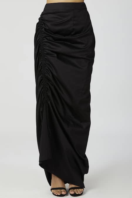 Shop_Neha Gursahani_White Cotton, Satin Linen V Neck Draped Skirt Set _Online_at_Aza_Fashions