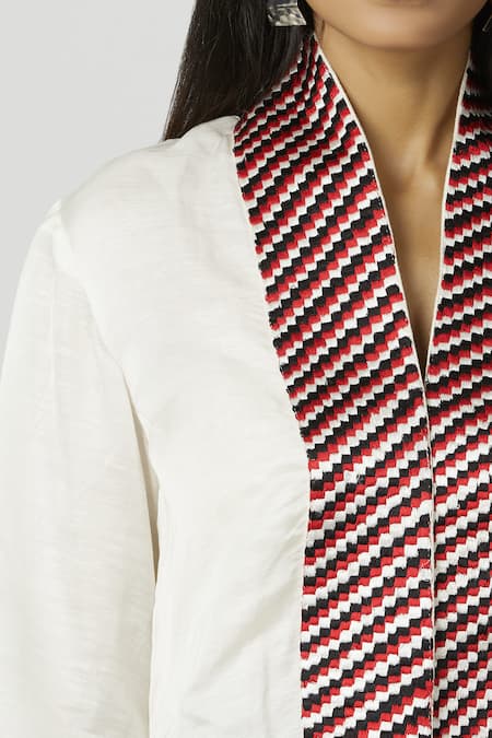 Neha Gursahani_White Cotton, Satin Linen V Neck Draped Skirt Set _at_Aza_Fashions