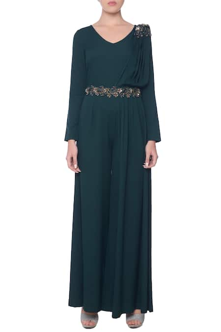 Platinoir Green Heavy Crepe Embellished Draped Jumpsuit