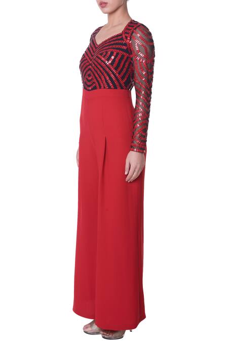 Platinoir_Red Heavy Crepe Embellished Jumpsuit_Online_at_Aza_Fashions