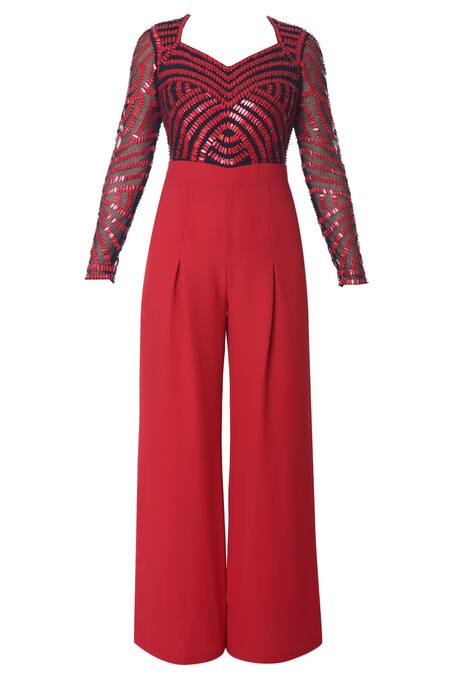 Buy_Platinoir_Red Heavy Crepe Embellished Jumpsuit_Online_at_Aza_Fashions