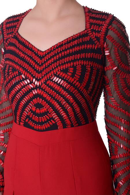 Shop_Platinoir_Red Heavy Crepe Embellished Jumpsuit_Online_at_Aza_Fashions
