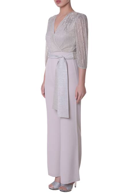 Platinoir_Grey Heavy Crepe Embellished Jumpsuit_Online_at_Aza_Fashions