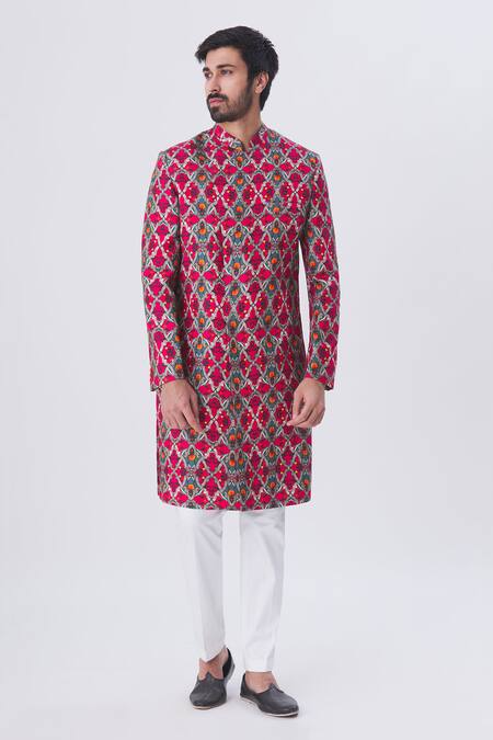 Buy MR. Ajay Kumar Multi Color Cotton Satin Jaal Motif Printed Overlap Kurta And Pant Set Online at Aza Fashions Buy_MR. Ajay Kumar_Multi Color Cotton Satin Jaal Motif Printed Overlap Kurta And Pant Set _Online_at_Aza_Fashions