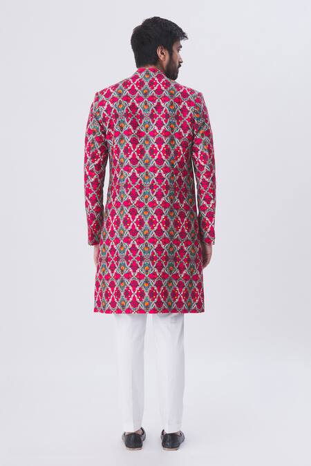 Shop MR. Ajay Kumar Multi Color Cotton Satin Jaal Motif Printed Overlap Kurta And Pant Set at Aza Fashions Shop_MR. Ajay Kumar_Multi Color Cotton Satin Jaal Motif Printed Overlap Kurta And Pant Set _at_Aza_Fashions