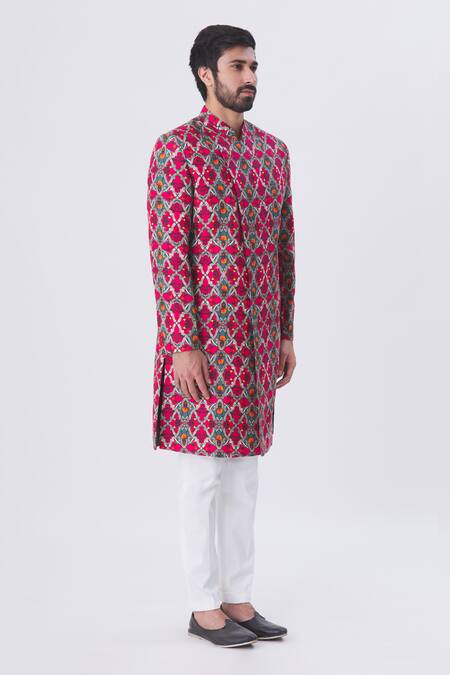MR. Ajay Kumar Multi Color Cotton Satin Jaal Motif Printed Overlap Kurta And Pant Set Online at Aza Fashions MR. Ajay Kumar_Multi Color Cotton Satin Jaal Motif Printed Overlap Kurta And Pant Set _Online_at_Aza_Fashions
