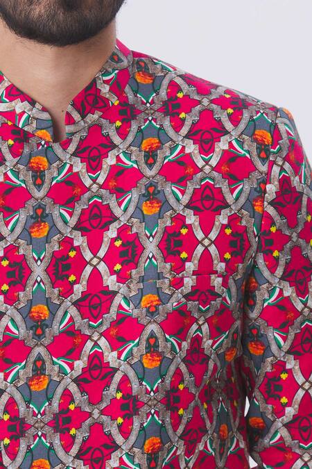 MR. Ajay Kumar Multi Color Cotton Satin Jaal Motif Printed Overlap Kurta And Pant Set at Aza Fashions MR. Ajay Kumar_Multi Color Cotton Satin Jaal Motif Printed Overlap Kurta And Pant Set _at_Aza_Fashions