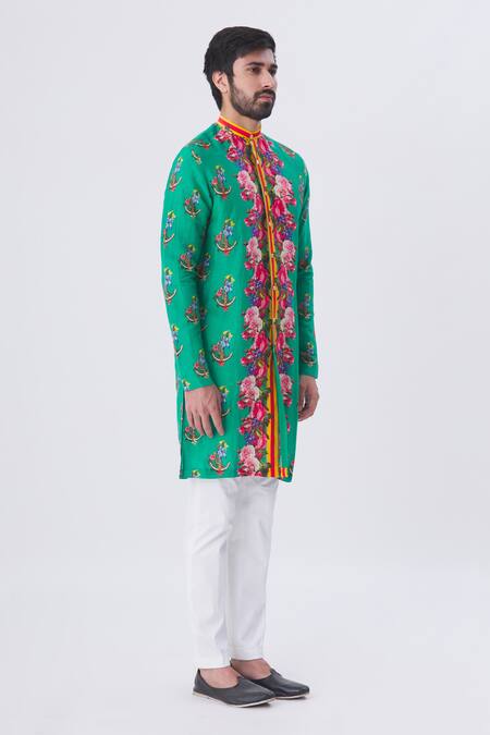 MR. Ajay Kumar Green Printed Floral And Anchor Motif Kurta Online at Aza Fashions MR. Ajay Kumar_Green Printed Floral And Anchor Motif Kurta _Online_at_Aza_Fashions