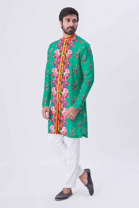 Shop MR. Ajay Kumar Green Printed Floral And Anchor Motif Kurta Online at Aza Fashions Shop_MR. Ajay Kumar_Green Printed Floral And Anchor Motif Kurta _Online_at_Aza_Fashions