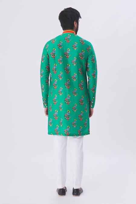 Shop MR. Ajay Kumar Green Printed Floral And Anchor Motif Kurta at Aza Fashions Shop_MR. Ajay Kumar_Green Printed Floral And Anchor Motif Kurta _at_Aza_Fashions