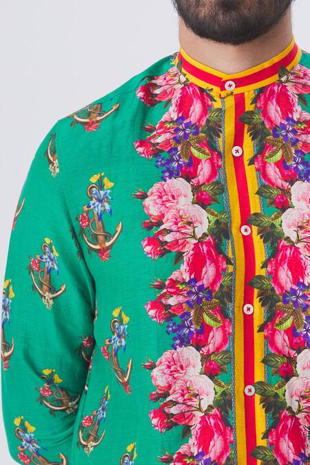 MR. Ajay Kumar Green Printed Floral And Anchor Motif Kurta at Aza Fashions MR. Ajay Kumar_Green Printed Floral And Anchor Motif Kurta _at_Aza_Fashions