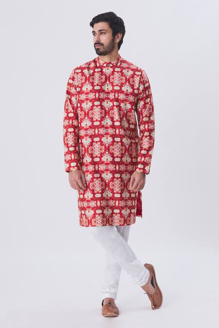 Buy_MR. Ajay Kumar_Red Silk Floral Motif Printed Kurta And Churidar Set _Online_at_Aza_Fashions