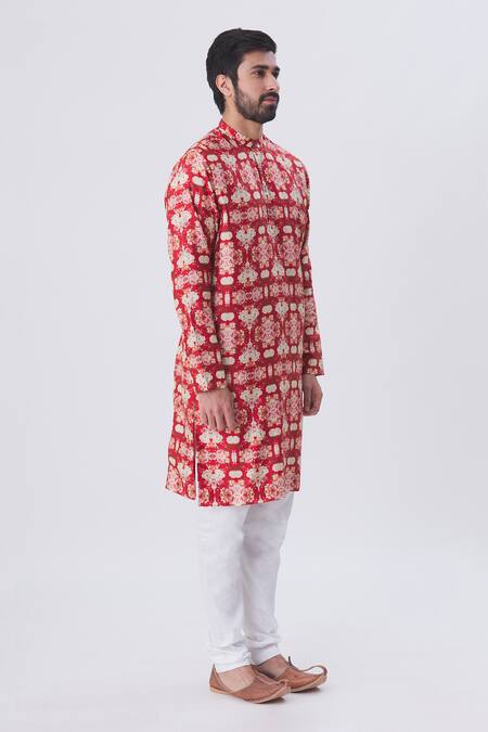 MR. Ajay Kumar_Red Silk Floral Motif Printed Kurta And Churidar Set _Online_at_Aza_Fashions
