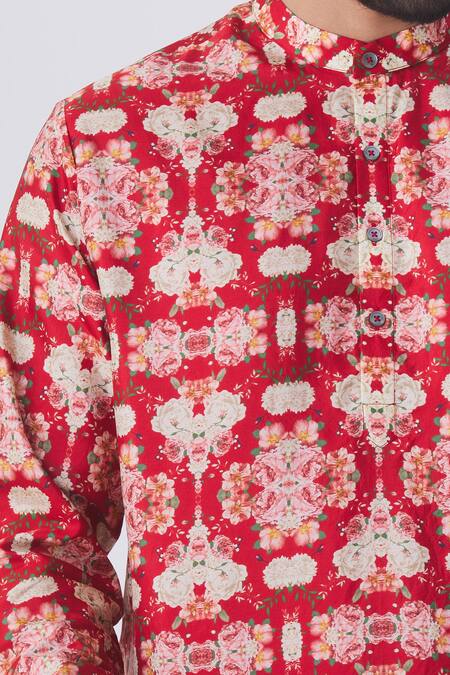 MR. Ajay Kumar_Red Silk Floral Motif Printed Kurta And Churidar Set _at_Aza_Fashions