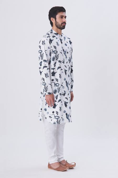 MR. Ajay Kumar White Cotton Bird Motif Printed Kurta And Churidar Set Online at Aza Fashions MR. Ajay Kumar_White Cotton Bird Motif Printed Kurta And Churidar Set _Online_at_Aza_Fashions