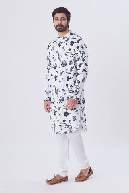 Buy MR. Ajay Kumar White Cotton Bird Motif Printed Kurta And Churidar Set Online at Aza Fashions Buy_MR. Ajay Kumar_White Cotton Bird Motif Printed Kurta And Churidar Set _Online_at_Aza_Fashions