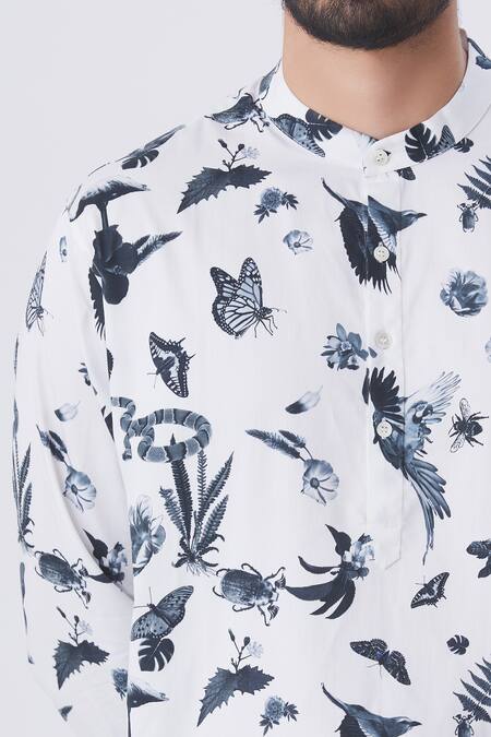 MR. Ajay Kumar White Cotton Bird Motif Printed Kurta And Churidar Set at Aza Fashions MR. Ajay Kumar_White Cotton Bird Motif Printed Kurta And Churidar Set _at_Aza_Fashions