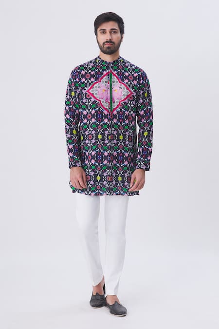 Shop_MR. Ajay Kumar_Blue Linen Printed Floral Motif Jaal Band Collar Shirt _Online_at_Aza_Fashions