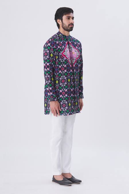 MR. Ajay Kumar_Blue Linen Printed Floral Motif Jaal Band Collar Shirt _Online_at_Aza_Fashions