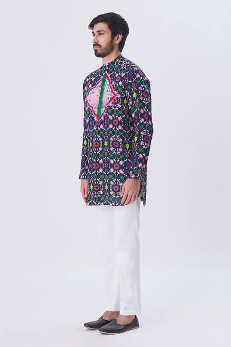Buy_MR. Ajay Kumar_Blue Linen Printed Floral Motif Jaal Band Collar Shirt _Online_at_Aza_Fashions