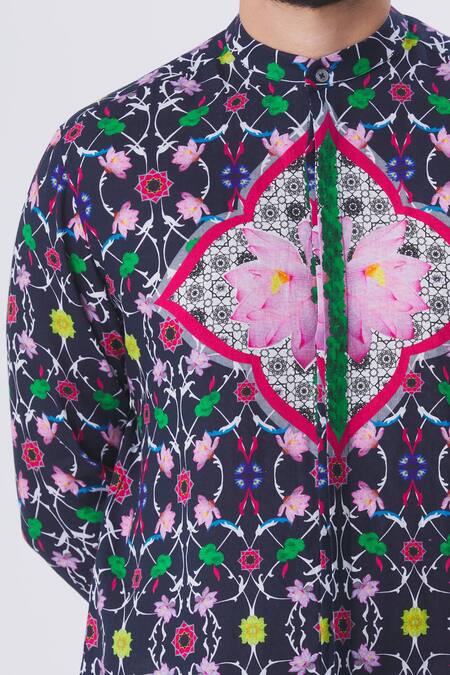 MR. Ajay Kumar_Blue Linen Printed Floral Motif Jaal Band Collar Shirt _at_Aza_Fashions