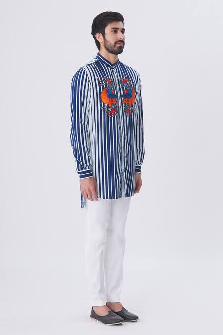 MR. Ajay Kumar_Blue Cotton Striped Aquatic Motif Print Shirt _Online_at_Aza_Fashions