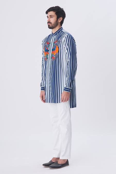 Buy_MR. Ajay Kumar_Blue Cotton Striped Aquatic Motif Print Shirt _Online_at_Aza_Fashions